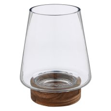 Glas Windlicht/Vase MALAGA auf Holzfuß, 12,5x12,5x23cm, transparent, Lepuro