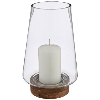Glas Windlicht/Vase MALAGA auf Holzfuß, 12,5x12,5x27cm, transparent, Lepuro