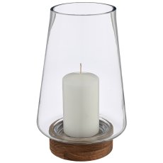 Glas Windlicht/Vase MALAGA auf Holzfuß, 12,5x12,5x27cm, transparent, Lepuro