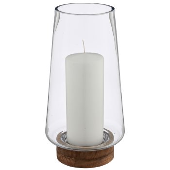 Glas Windlicht/Vase MALAGA auf Holzfuß, 12,5x12,5x32cm, transparent, Lepuro