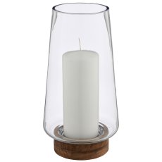 Glas Windlicht/Vase MALAGA auf Holzfuß, 12,5x12,5x32cm, transparent, Lepuro