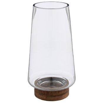 Glas Windlicht/Vase MALAGA auf Holzfuß, 12,5x12,5x32cm, transparent, Lepuro