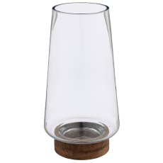 Glas Windlicht/Vase MALAGA auf Holzfuß, 12,5x12,5x32cm, transparent, Lepuro