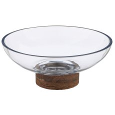 Glass bowl MALAGA on wooden base, 18x10.5x12cm, transparent, Lepuro