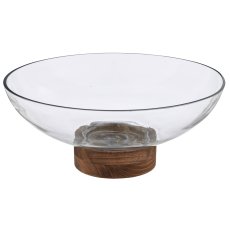 Glass bowl MALAGA on wooden base, 31.5x11.5x13.5cm, transparent, Lepuro
