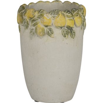 Cement vase CITRONELLA, with lemon decoration, 13x13x17cm, yellow