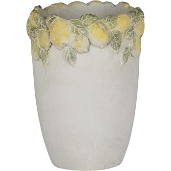 Cement vase CITRONELLA, with lemon decoration, 17x17x23cm, yellow