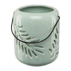 Ceramic Lantern w.Handle LEAVES, 14x12x12cm, sage