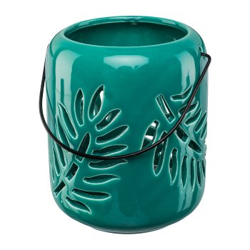 Keramik Windlicht m.Henkel LEAVES, 14x12x12cm, dunkel grün