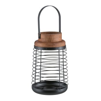 Metall Windlicht, m.Holz Cover, m.Henkel, BARI 21x31x46cm, Natur