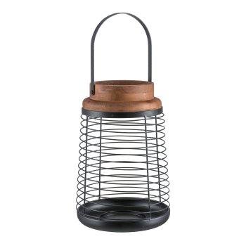 Metall Windlicht, m.Holz Cover, m.Henkel, BARI 26x37x56cm, Natur