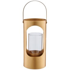 Metal lantern with glass and handle, 13x13x28cm, gold