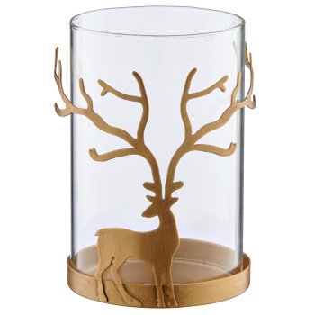 Metal lantern with glass and deer, 9x9x14cm, gold