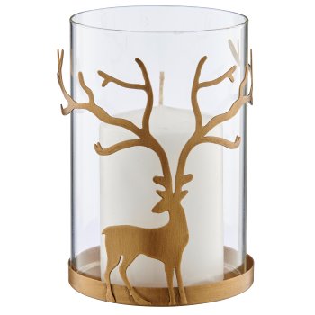 Metal lantern with glass and deer, 10.5x10.5x15cm, gold