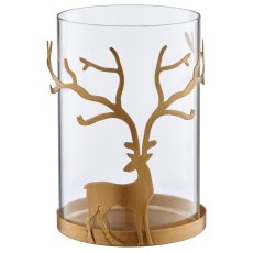 Metal lantern with glass and deer, 10.5x10.5x15cm, gold