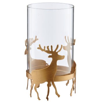 Metal lantern with glass and deer standing, 10.5x10.5x19cm, gold