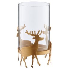 Metal lantern with glass and deer standing, 10.5x10.5x19cm, gold