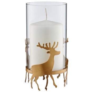 Metal lantern with glass and deer standing, 12.5x12.5x25cm, gold