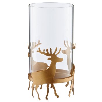 Metal lantern with glass and deer standing, 12.5x12.5x25cm, gold