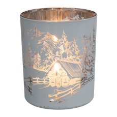 Glass Lantern with Decoration Mountains, 7x8cm, White