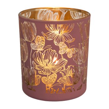 Glass lantern FLOWERS, 8x7x7cm, pink