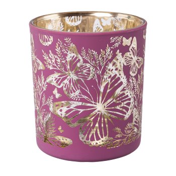 Glass lantern BUTTERFLIES, 8x7x7cm, pink