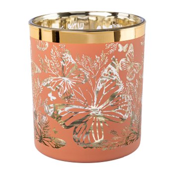 Glass lantern with gold rim BUTTERFLIES, 10x9x9cm, terra