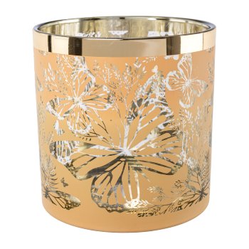 Glass lantern with gold rim BUTTERFLIES, 15x15x15cm, honey