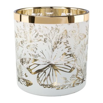 Glass lantern with gold rim BUTTERFLIES, 15x15x15cm, white