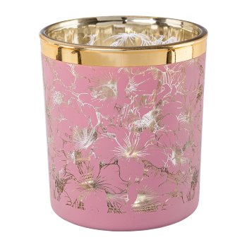 Glass lantern with gold rim FLOWERS, 8x7x7cm, pink