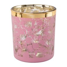 Glass lantern with gold rim FLOWERS, 8x7x7cm, pink