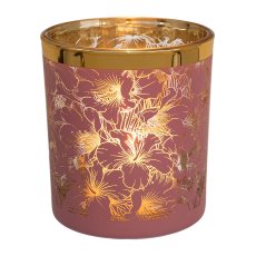 Glass lantern with gold rim FLOWERS, 8x7x7cm, pink