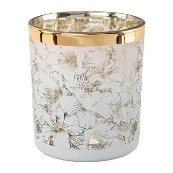 Glass lantern with gold rim FLOWERS, 8x7x7cm, white