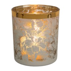 Glass lantern with gold rim FLOWERS, 8x7x7cm, white