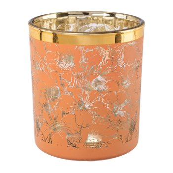 Glass lantern with gold rim FLOWERS, 8x7x7cm, apricot