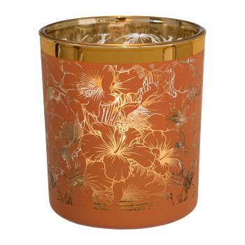 Glass lantern with gold rim FLOWERS, 8x7x7cm, apricot