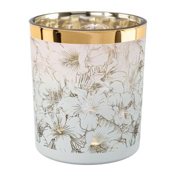 Glass lantern with gold rim FLOWERS, 10x9x9cm, white