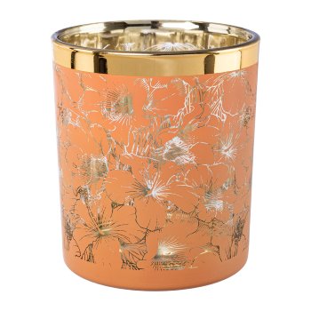 Glass lantern with gold rim FLOWERS, 10x9x9cm, apricot