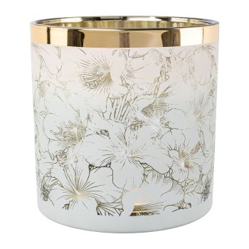 Glass lantern with gold rim FLOWERS, 15x15x15cm, white