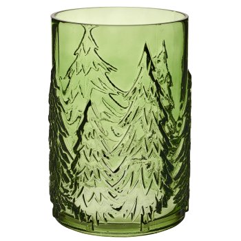 Glass vase, cylinder with tree decoration, 16x16x22cm, green
