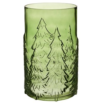 Glass vase, cylinder with tree decoration, 16x16x27cm, green