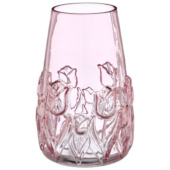 Glasvase mit Tulpen Relief, konisch, 15x15x22cm, rosa