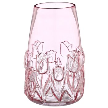 Glasvase mit Tulpen Relief, konisch, 18x18x27cm, rosa