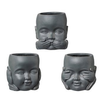 Fibreclay Buddha Head Planter 3 assorted 24x24x24cm, Anthracite, 3/Piece