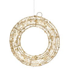 Metal wire wreath w.30LEDs warm white w.6h Ti, 30x30x8cm, gold