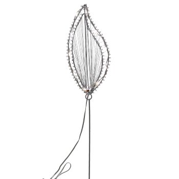 Metal wire leaf stake, 20LEDs, 2AA battery box, timer, 30x12cm+60cm plug, silver,