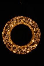 Metal wreath with foil cover, 30LED, 6h timer, battery box in satin bag, 30x30x6cm, gold