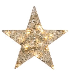 Metal hanger star with foil cover, 15LED, 6h timer, battery box in satin bag,