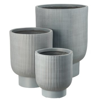 Fibreclay Übertopf mit Fuß, gerillt, 3er Set, grau, ca. 24x24x29/30x30x39/40x40x53cm