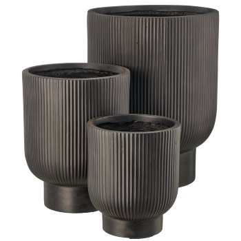 Fibreclay Übertopf mit Fuß, gerillt, 3er Set, schwarz, ca. 24x24x29/30x30x39/40x40x53cm